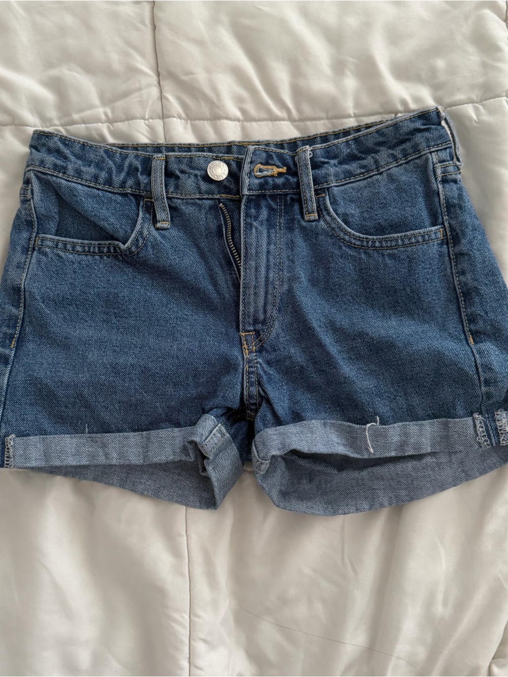 Classic High-Rise Rolled Hem Denim Shorts - Medium Blue